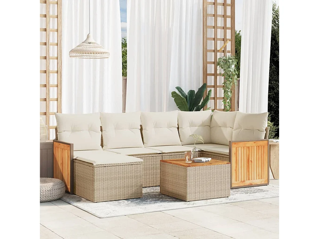 Set sofás de jardín 7 piezas y cojines ratán sintético beige