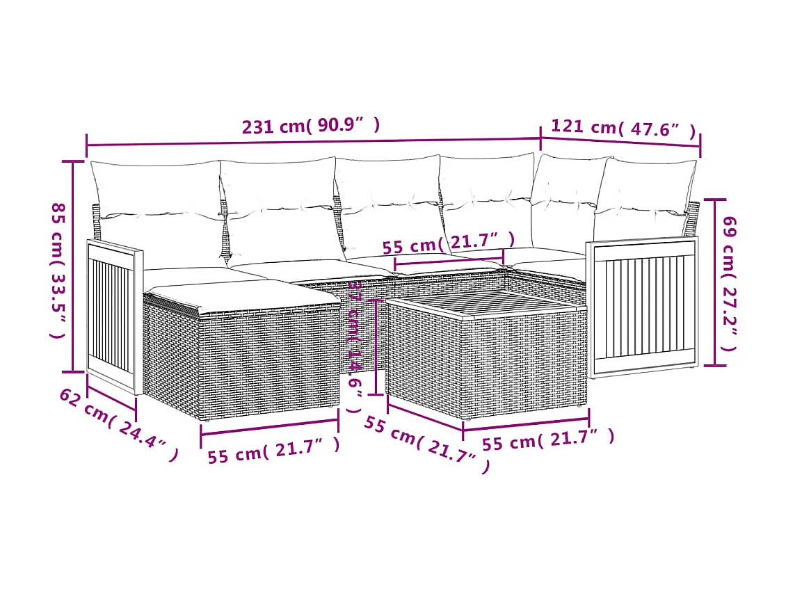 Set sofás de jardín 7 piezas y cojines ratán sintético beige