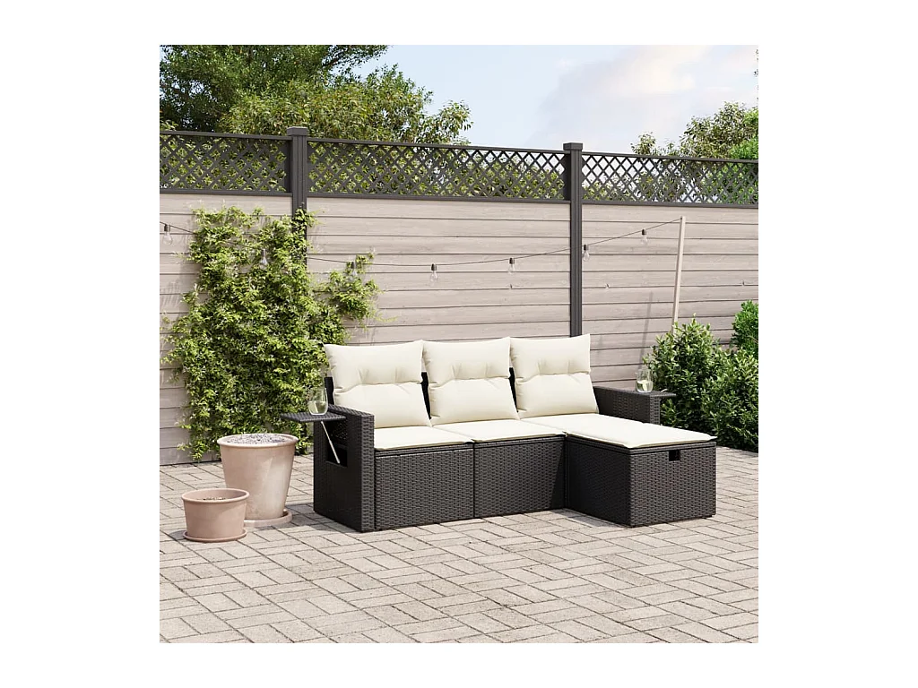4-delige Loungeset met kussens poly rattan zwart