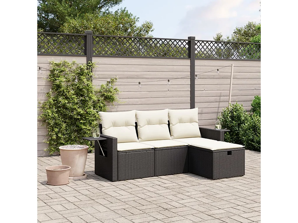 Salon de jardin 4 pcs avec coussins noir résine tressée