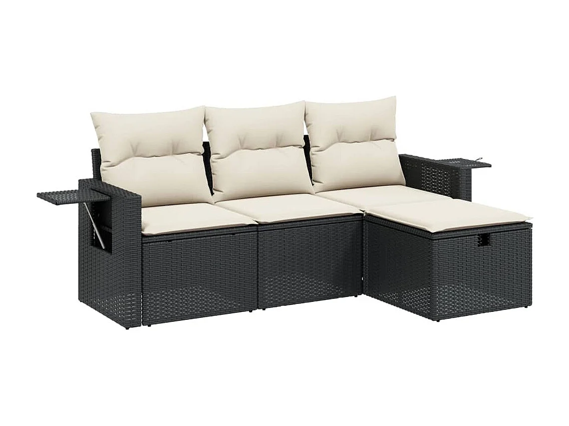 Salon de jardin 4 pcs avec coussins noir résine tressée