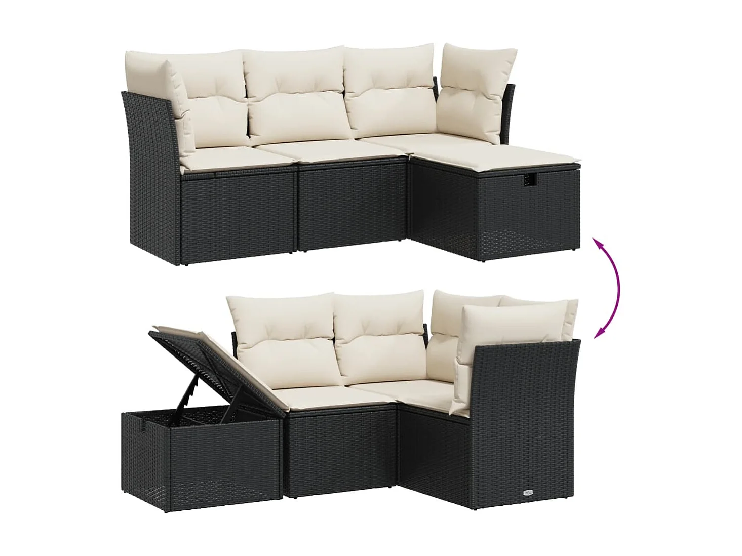 Salon de jardin 4 pcs avec coussins noir résine tressée