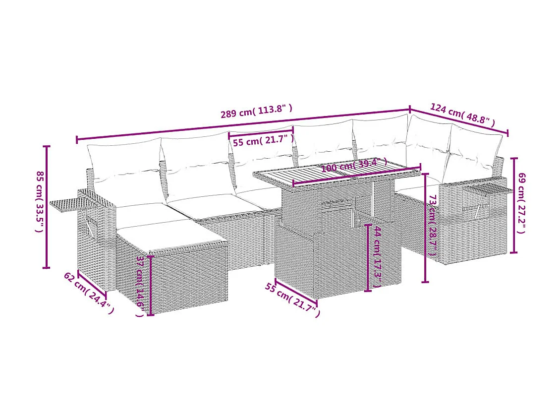 Salon de jardin 8 pcs avec coussins noir résine tressée