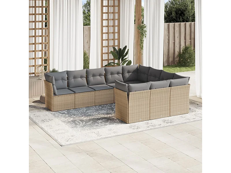Set Divano da Giardino 10 pz con Cuscini Beige in Polyrattan