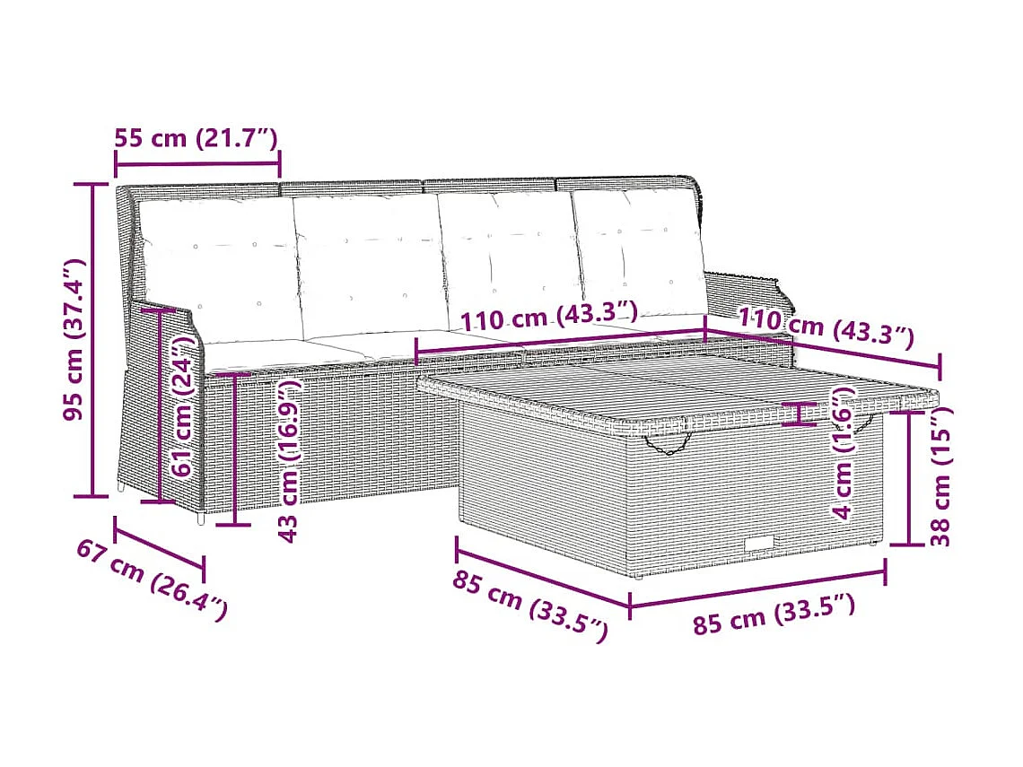 Set Divani da Giardino 3 pz con Cuscini in Polyrattan Nero