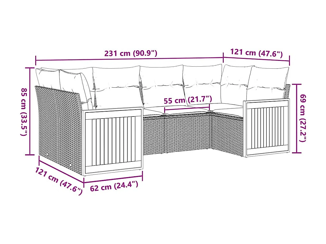 Salon de jardin 6 pcs avec coussins noir résine tressée