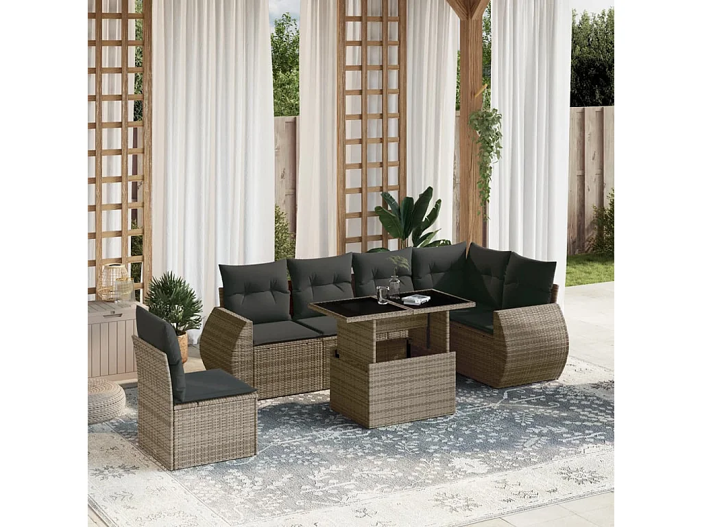 Set Divani da Giardino 7 pz con Cuscini Grigio in Polyrattan