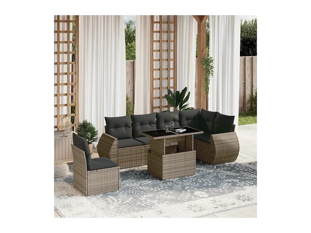 Salon de jardin avec coussins 7 pcs gris résine tressée