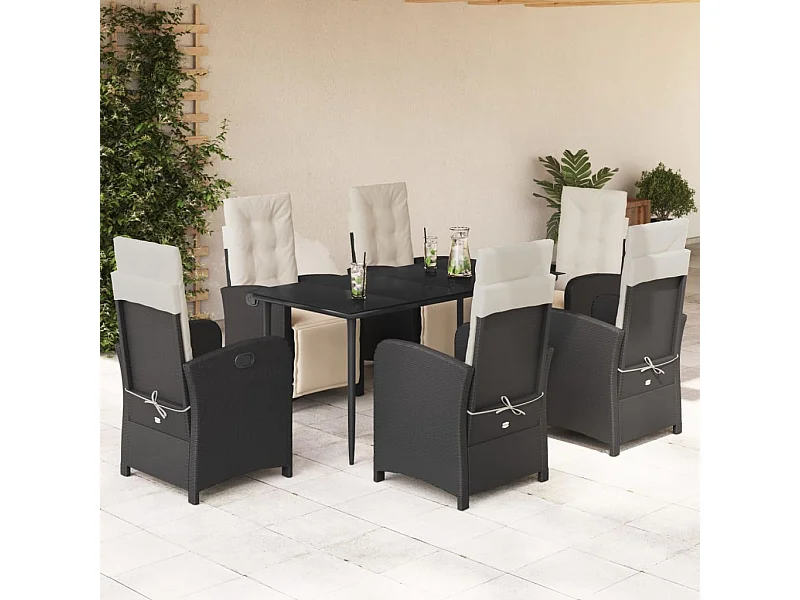 Set da Pranzo da Giardino 7 pz Nero con Cuscini in Polyrattan