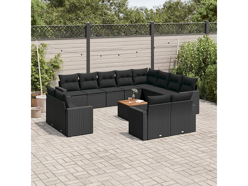 Salon de jardin avec coussins 13 pcs noir résine tressée