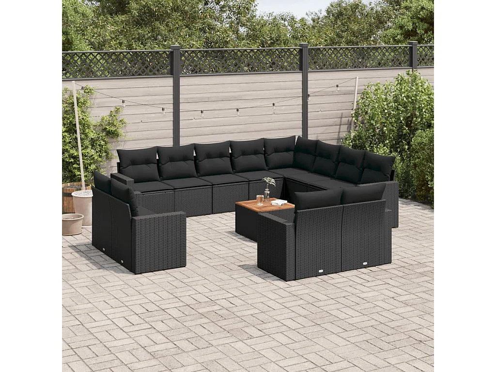 Salon de jardin avec coussins 13 pcs noir résine tressée