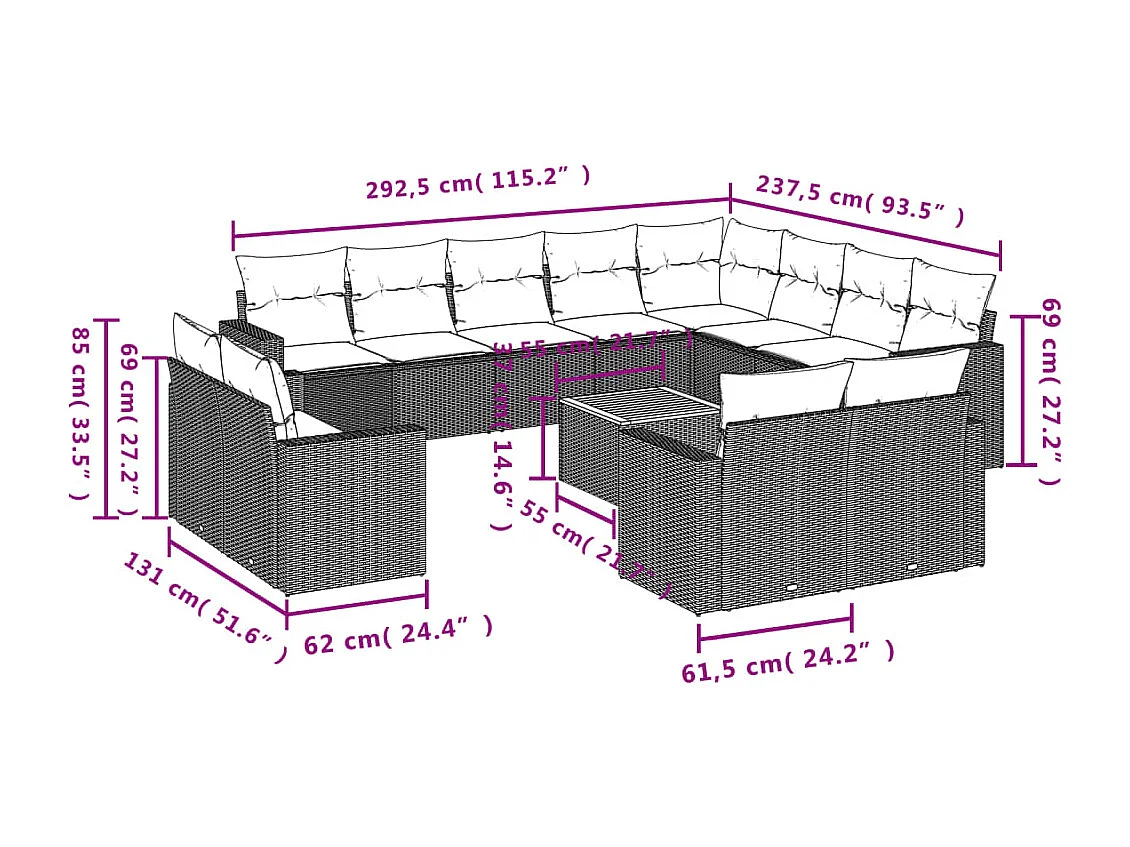 Salon de jardin avec coussins 13 pcs noir résine tressée