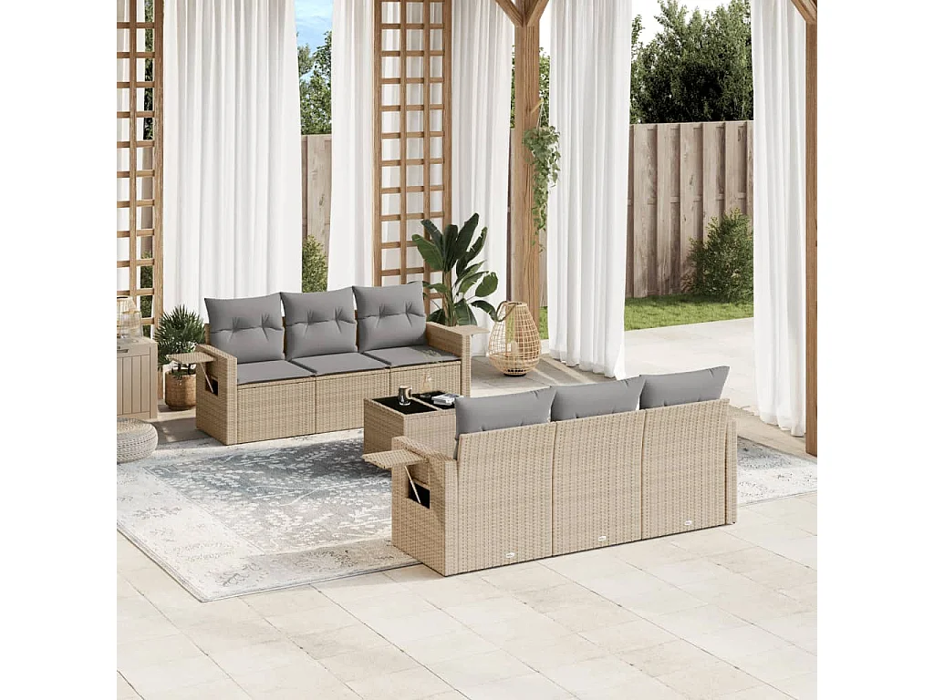Salon de jardin avec coussins 7 pcs beige résine tressée