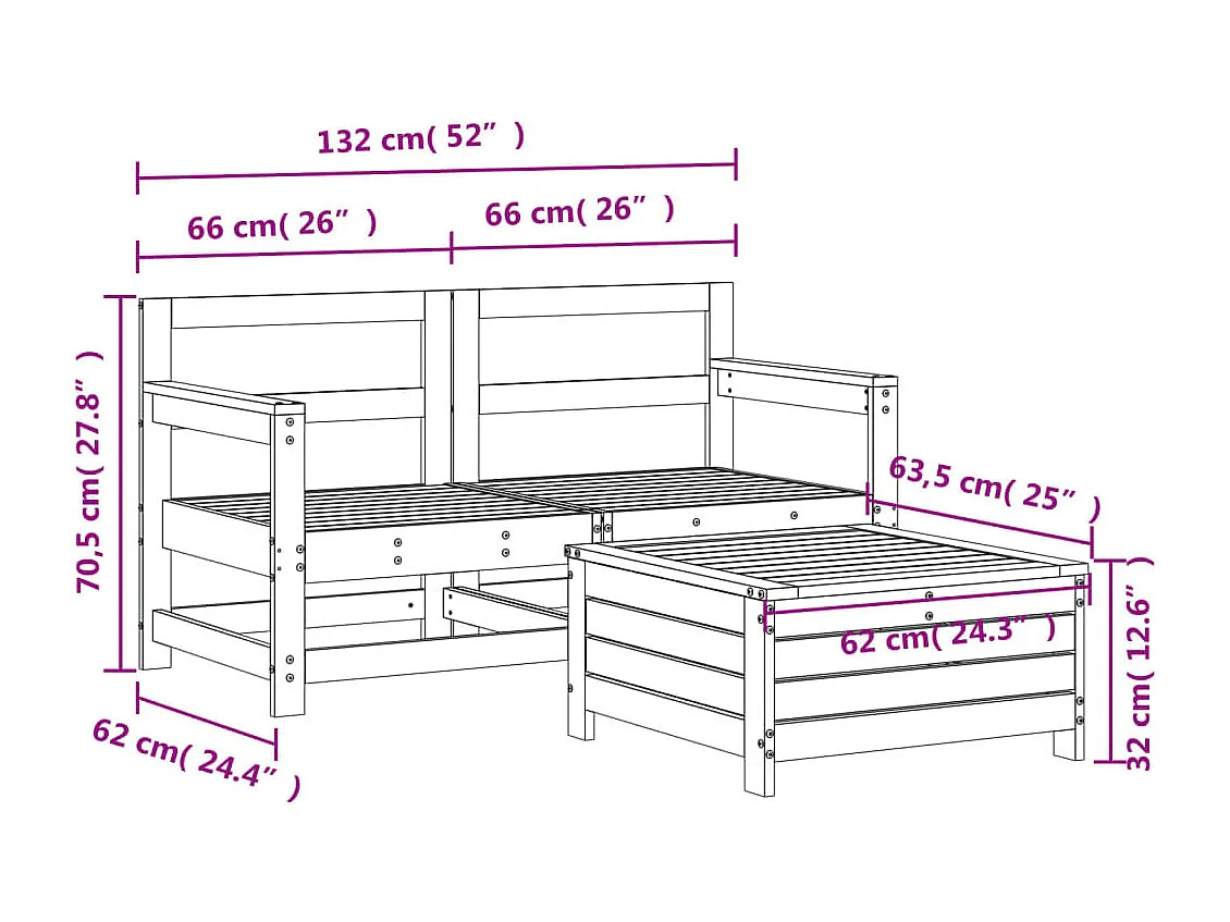 Set Divani da Giardino 3 pz in Legno Massello di Pino