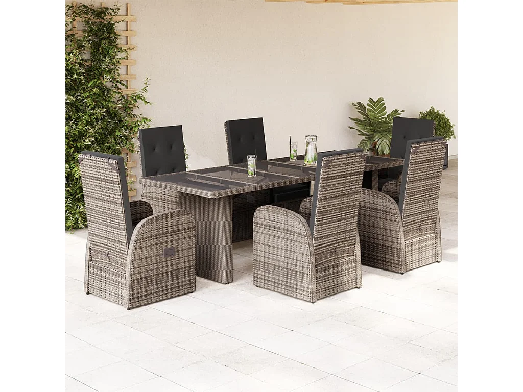 Set comedor jardín 7 pzas y cojines ratán sintético gris