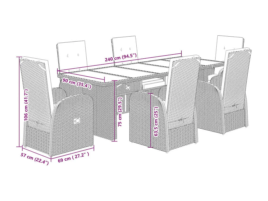 Set comedor jardín 7 pzas y cojines ratán sintético gris