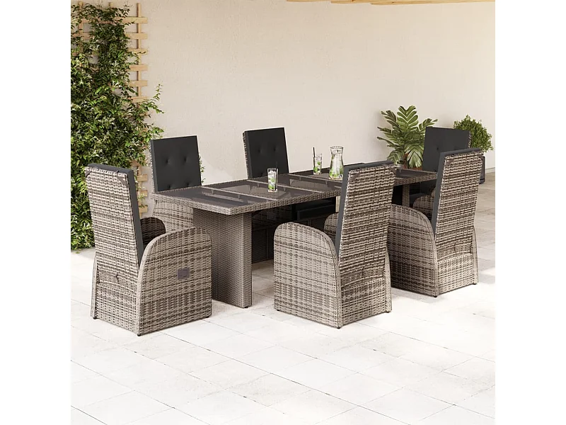Set da Pranzo da Giardino 7 pz con Cuscini in Polyrattan Grigio