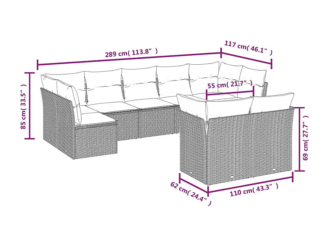 9-delige Loungeset met kussens poly rattan beige