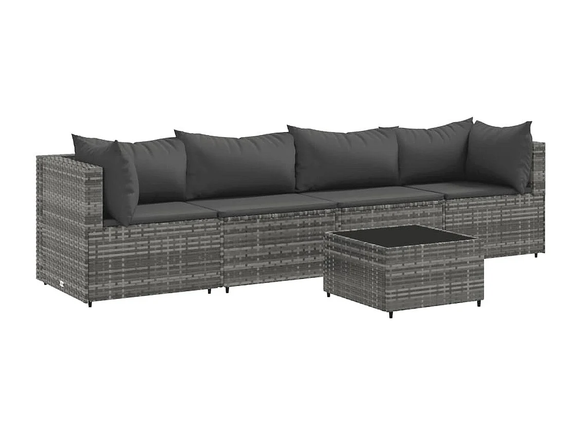 5 pcs conjunto lounge de jardim c/ almofadões vime PE cinzento