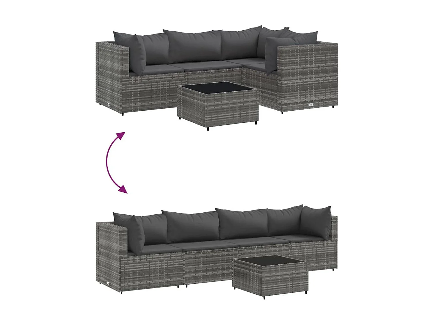 5 pcs conjunto lounge de jardim c/ almofadões vime PE cinzento