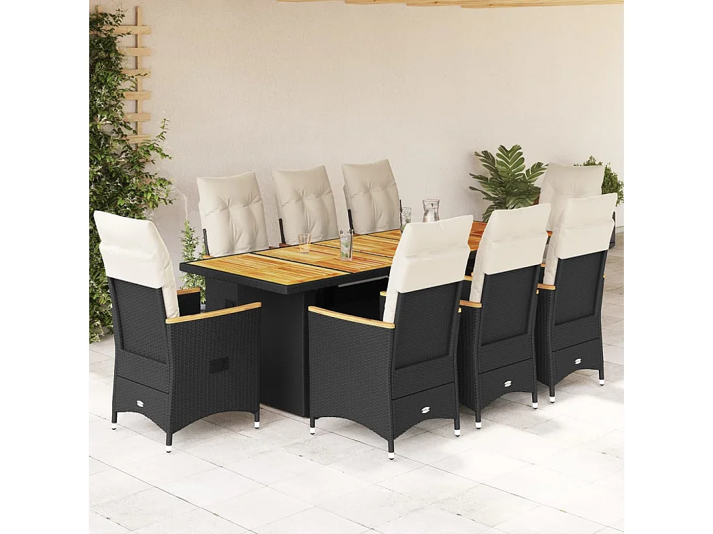 9 pcs conjunto de bistrô p/ jardim c/ almofadões vime PE preto