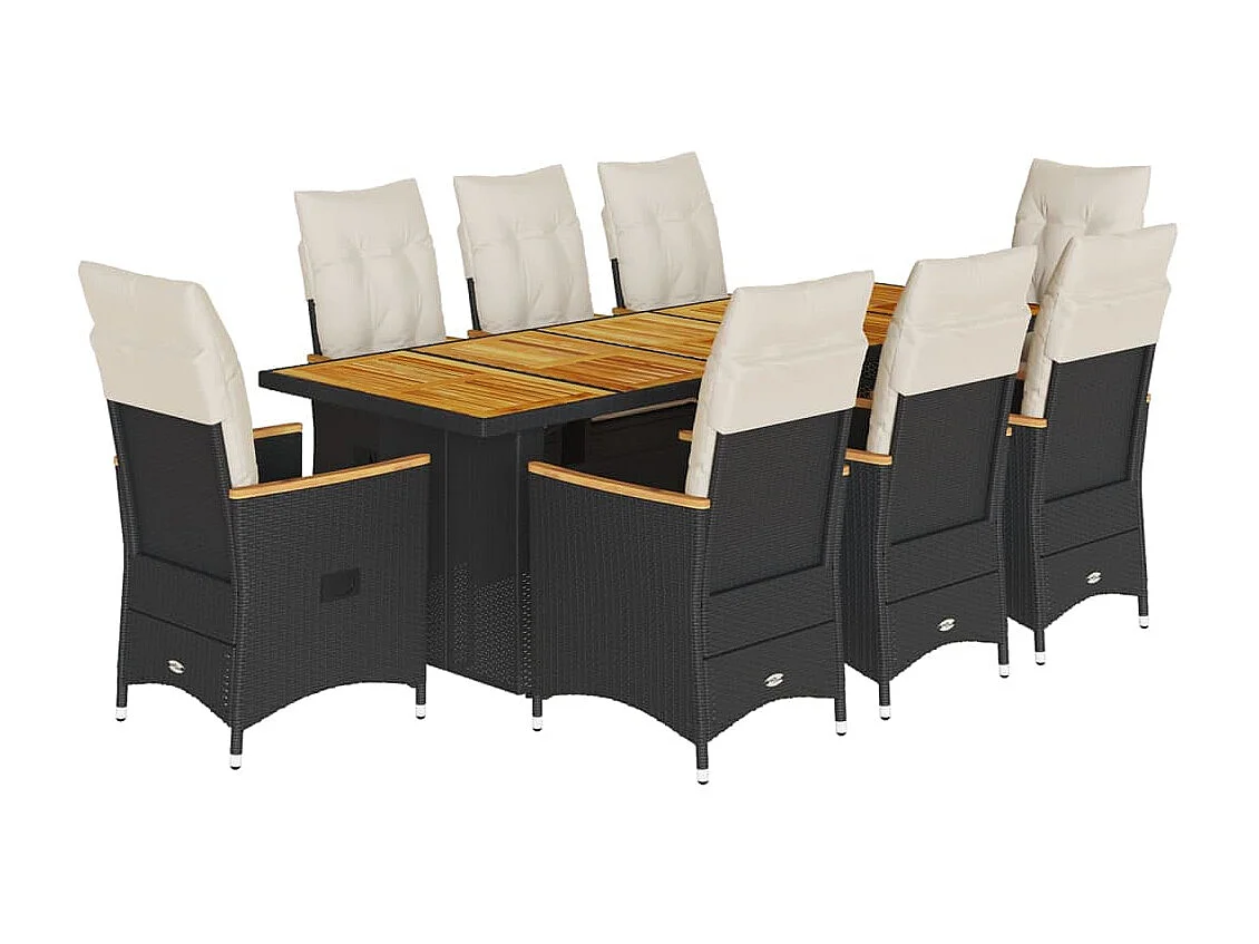 9 pcs conjunto de bistrô p/ jardim c/ almofadões vime PE preto