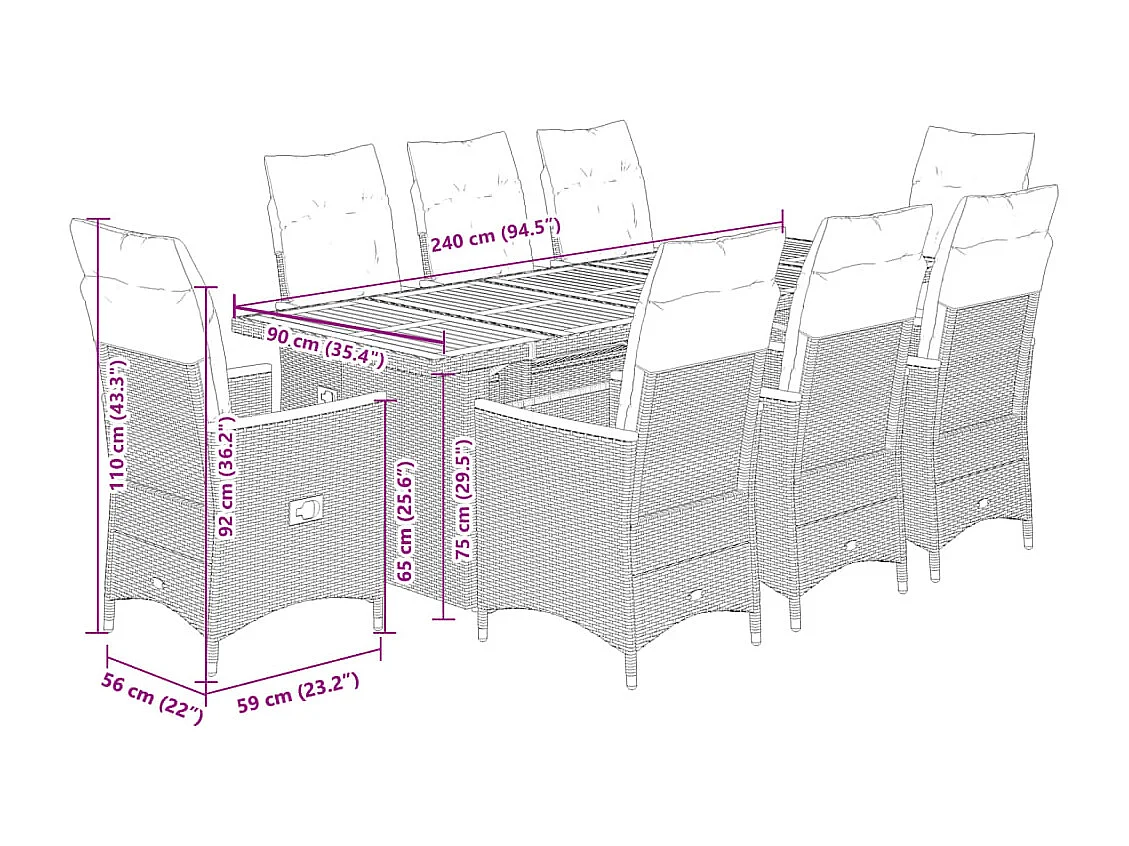 9 pcs conjunto de bistrô p/ jardim c/ almofadões vime PE preto