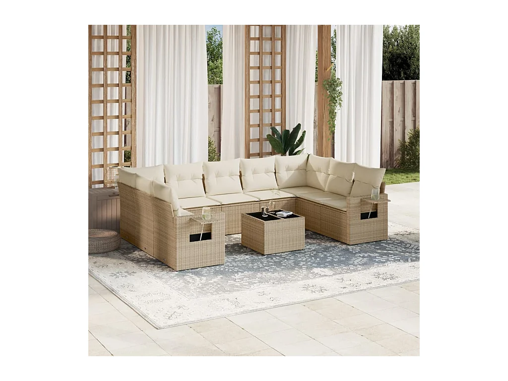 Set Divano da Giardino 10 pz con Cuscini Beige in Polyrattan