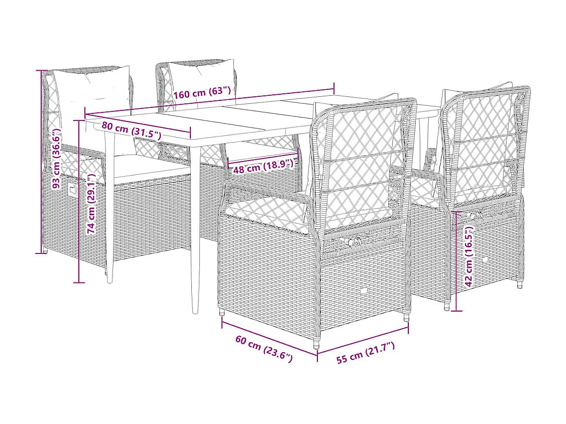 Set da Pranzo da Giardino 5 pz con Cuscini in Polyrattan Grigio