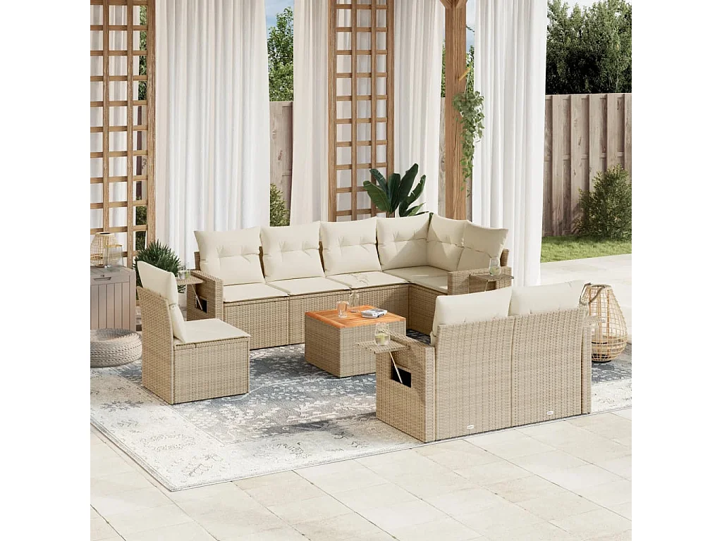Salon de jardin avec coussins 9 pcs beige résine tressée