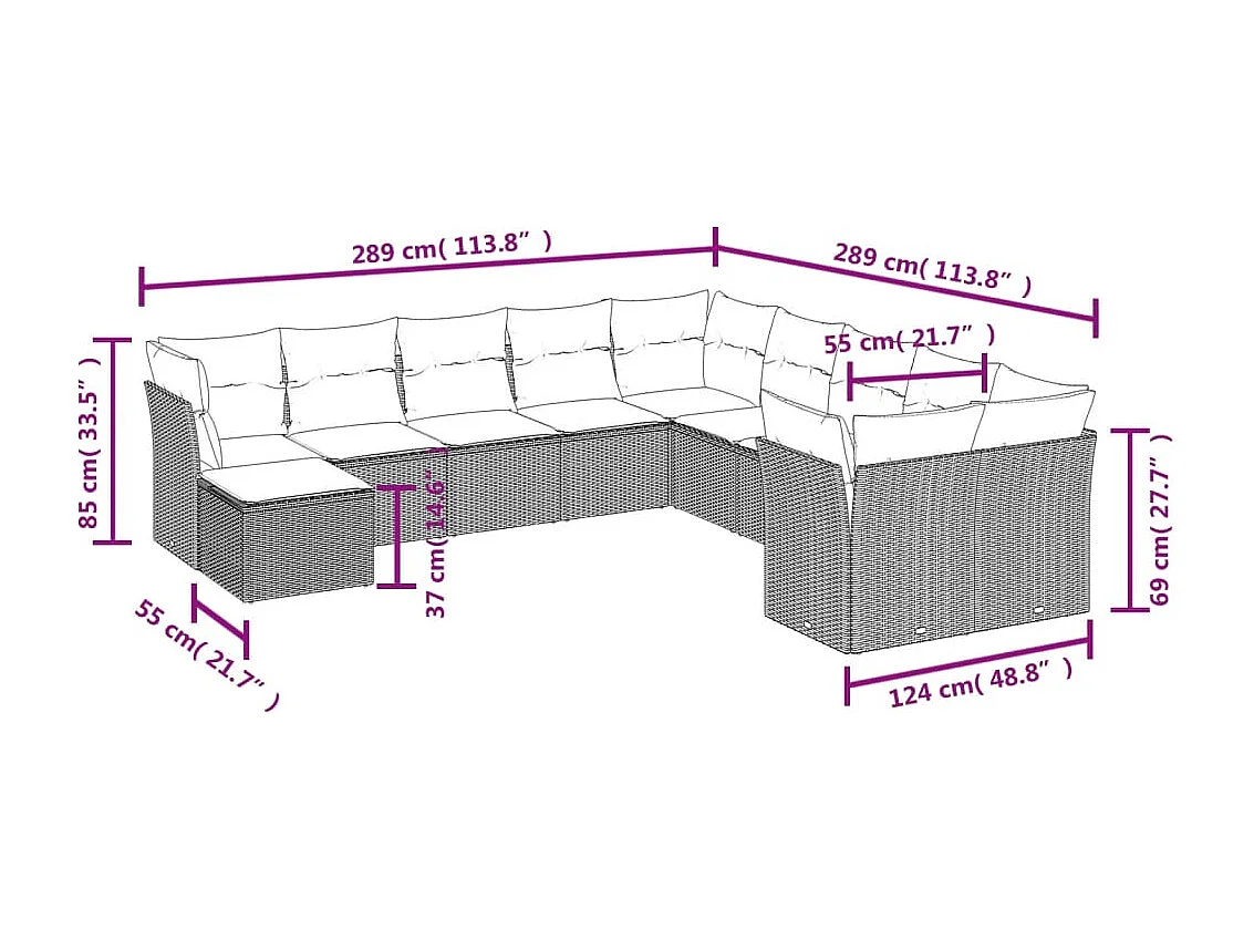 11 pcs conjunto sofás de jardim c/ almofadões vime PE preto