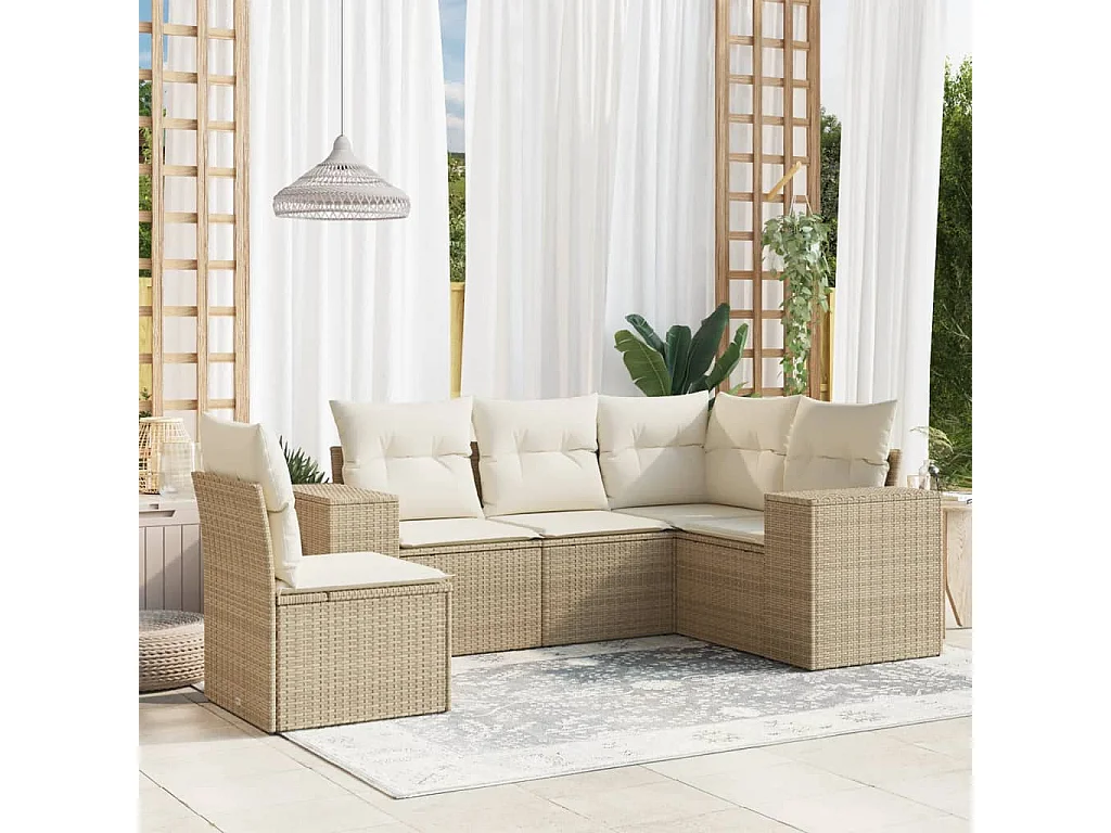 Salon de jardin avec coussins 5 pcs beige résine tressée