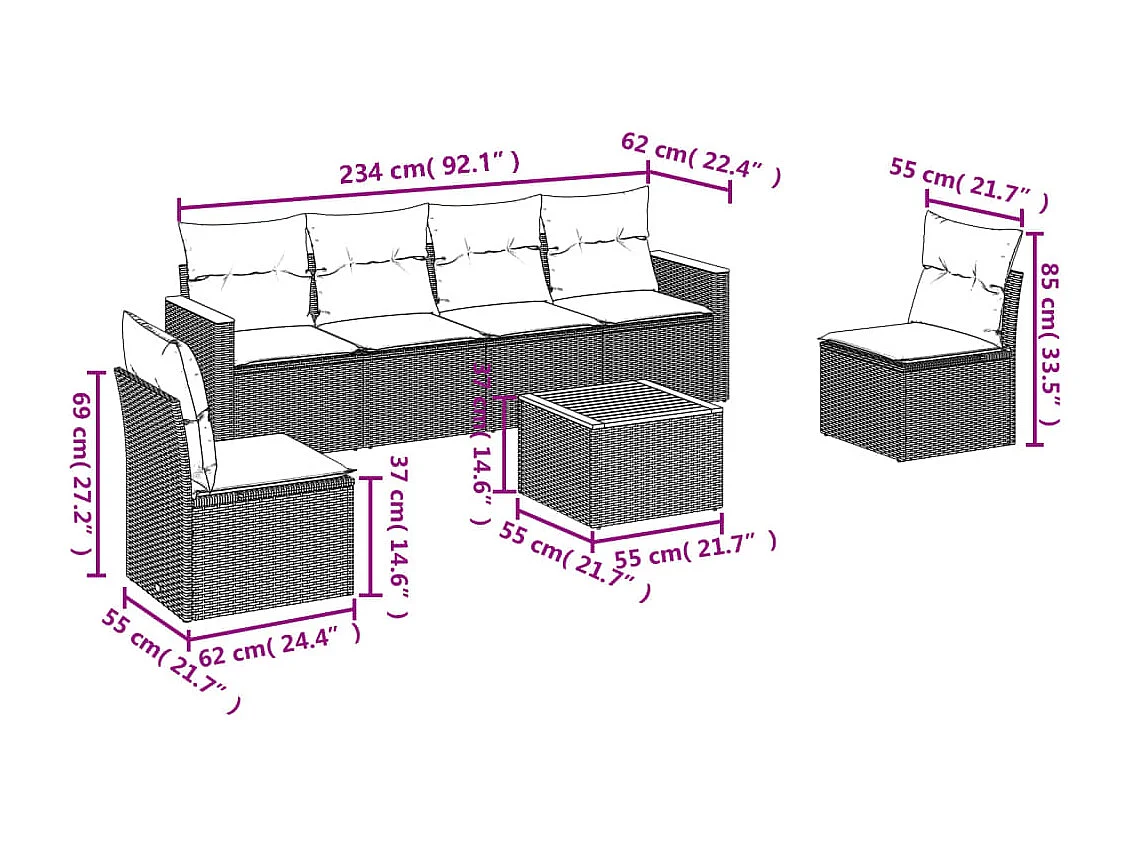 Salon de jardin 7 pcs avec coussins noir résine tressée
