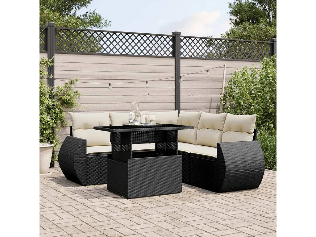 6-delige Loungeset met kussens poly rattan zwart