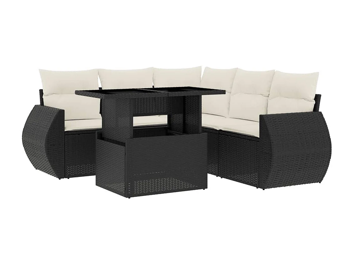 6-delige Loungeset met kussens poly rattan zwart