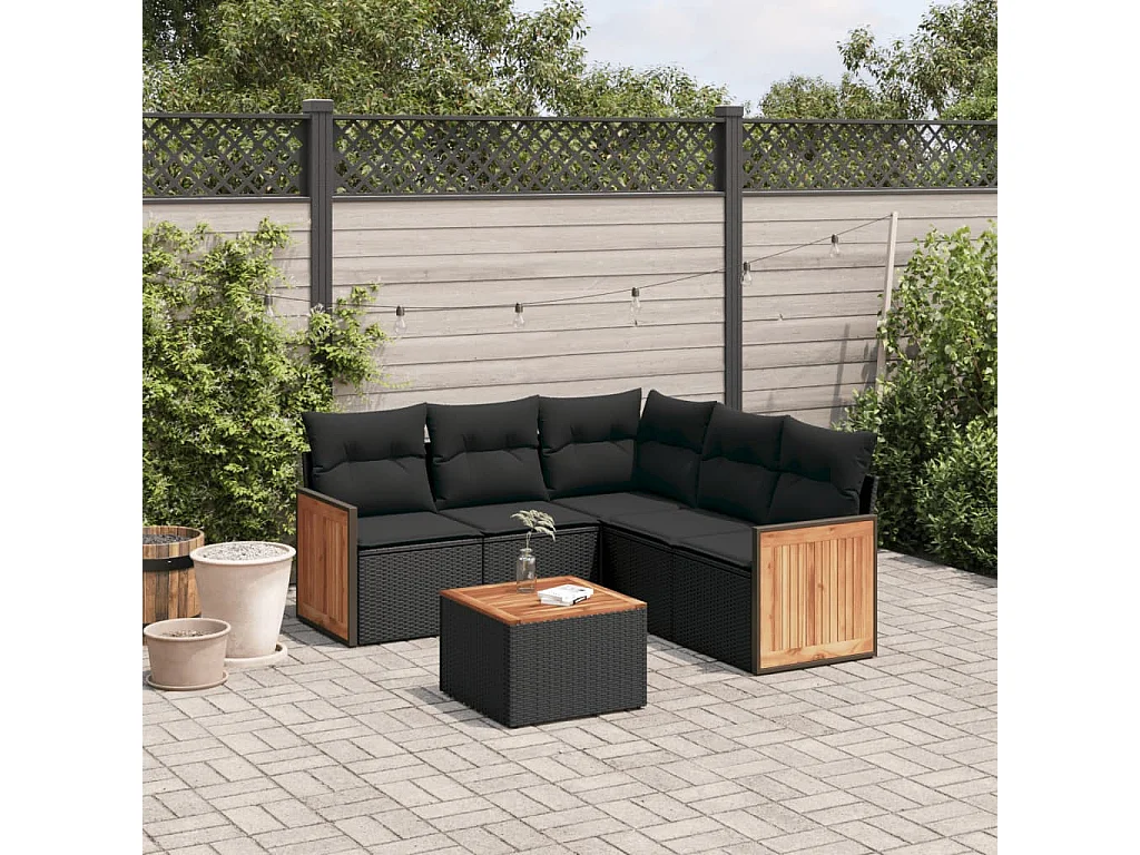 Salon de jardin 6 pcs avec coussins noir résine tressée