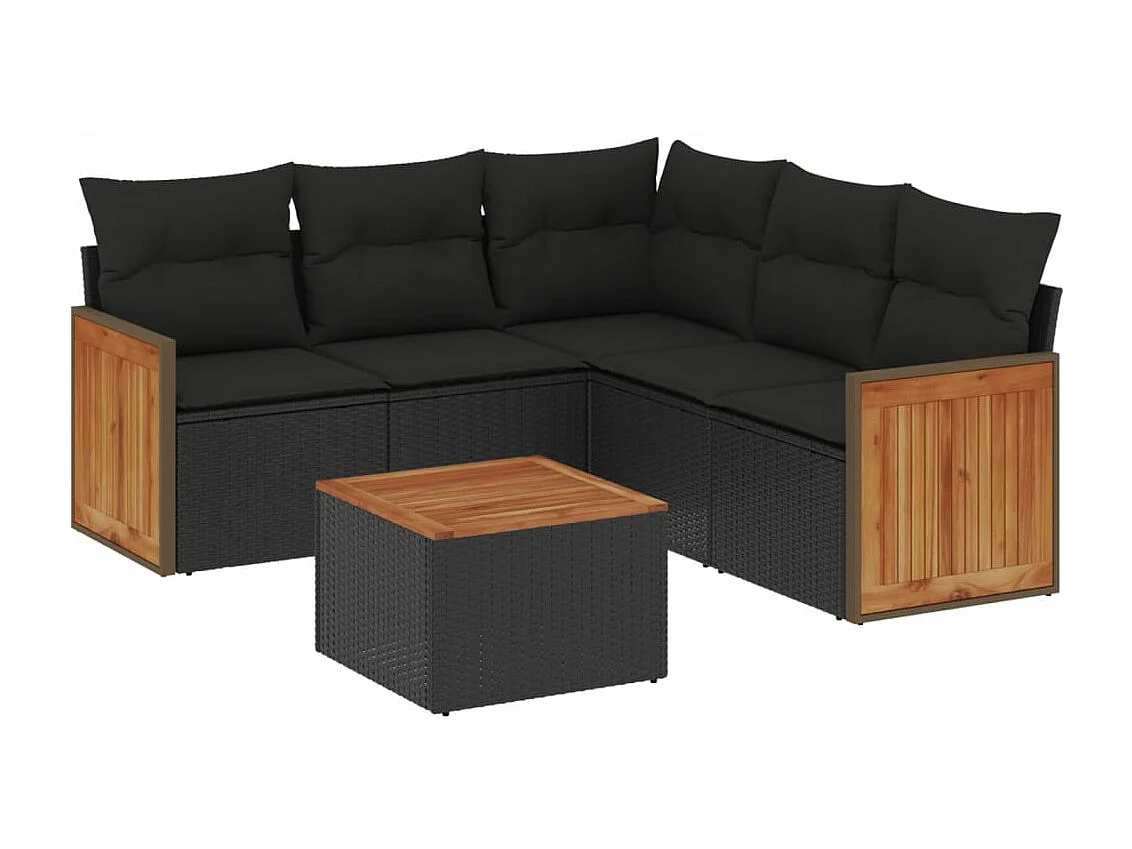 Salon de jardin 6 pcs avec coussins noir résine tressée