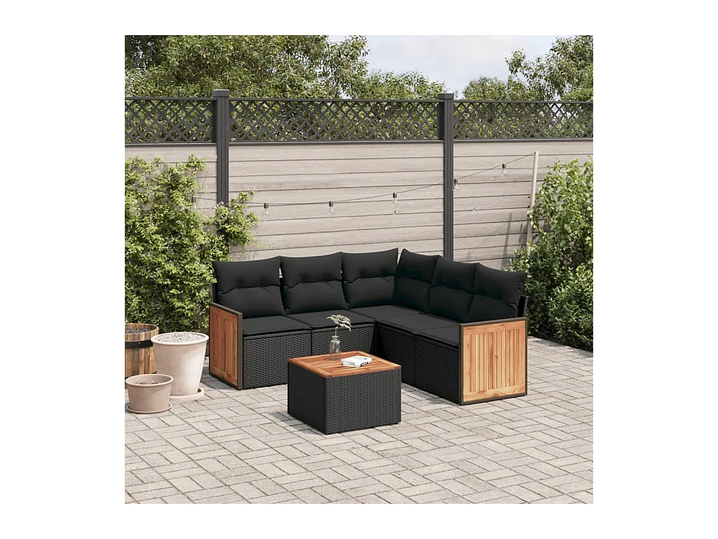 Set Divano da Giardino 6 pz con Cuscini Nero in Polyrattan