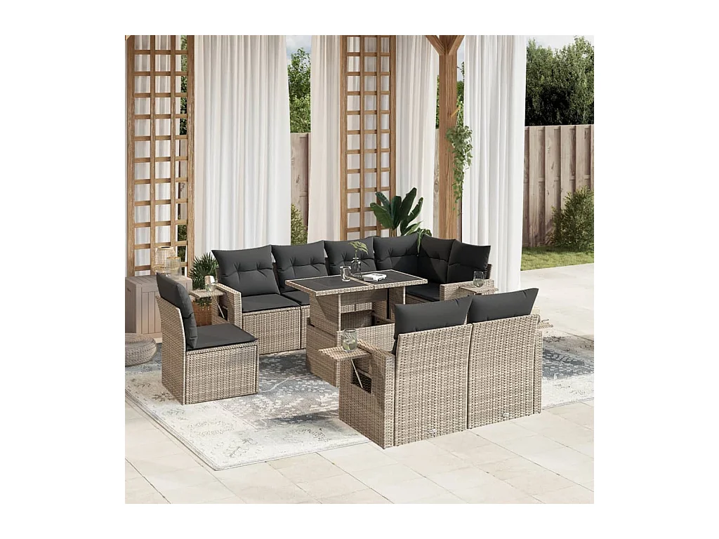 Salon de jardin 9 pcs avec coussins gris clair résine tressée