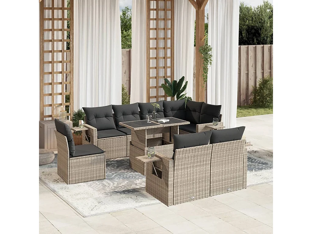 Salon de jardin 9 pcs avec coussins gris clair résine tressée
