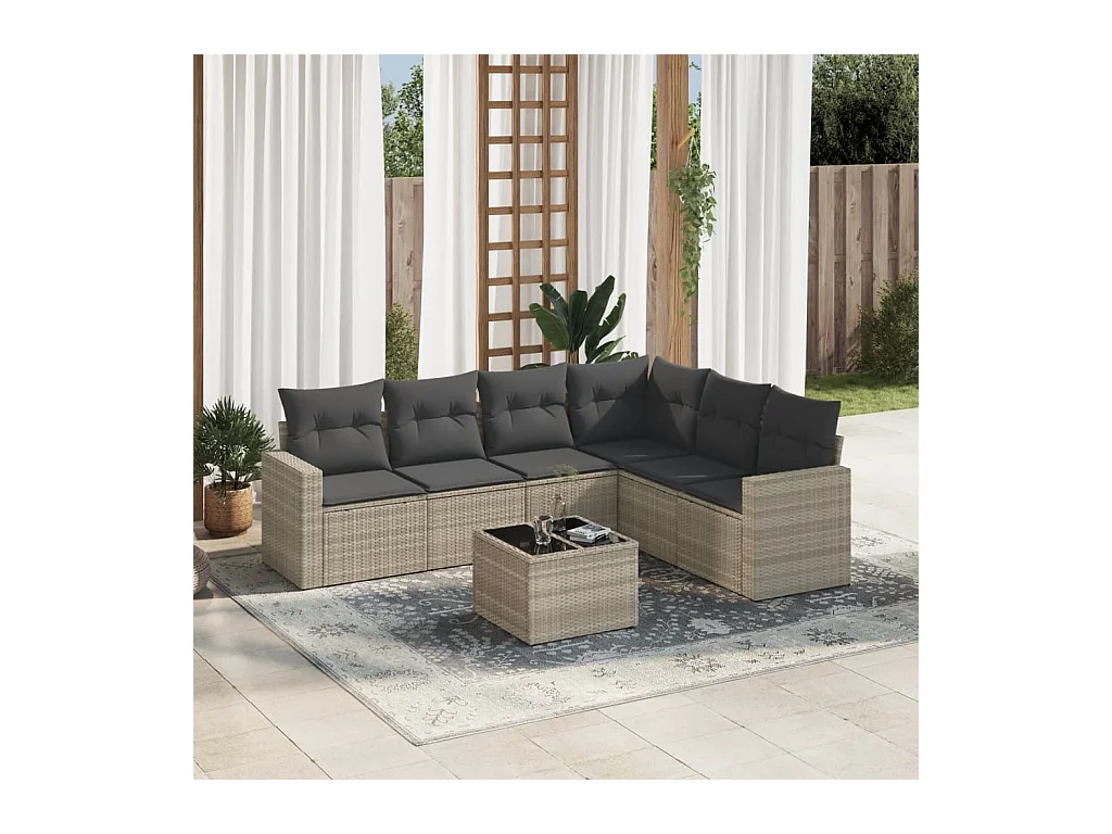 Salon de jardin avec coussins 7 pcs gris clair résine tressée