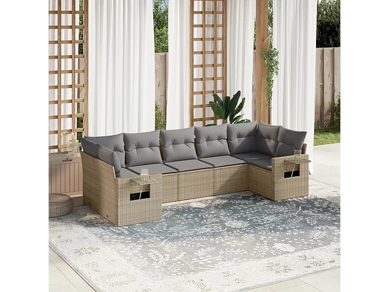 Salon de jardin avec coussins 7 pcs beige résine tressée