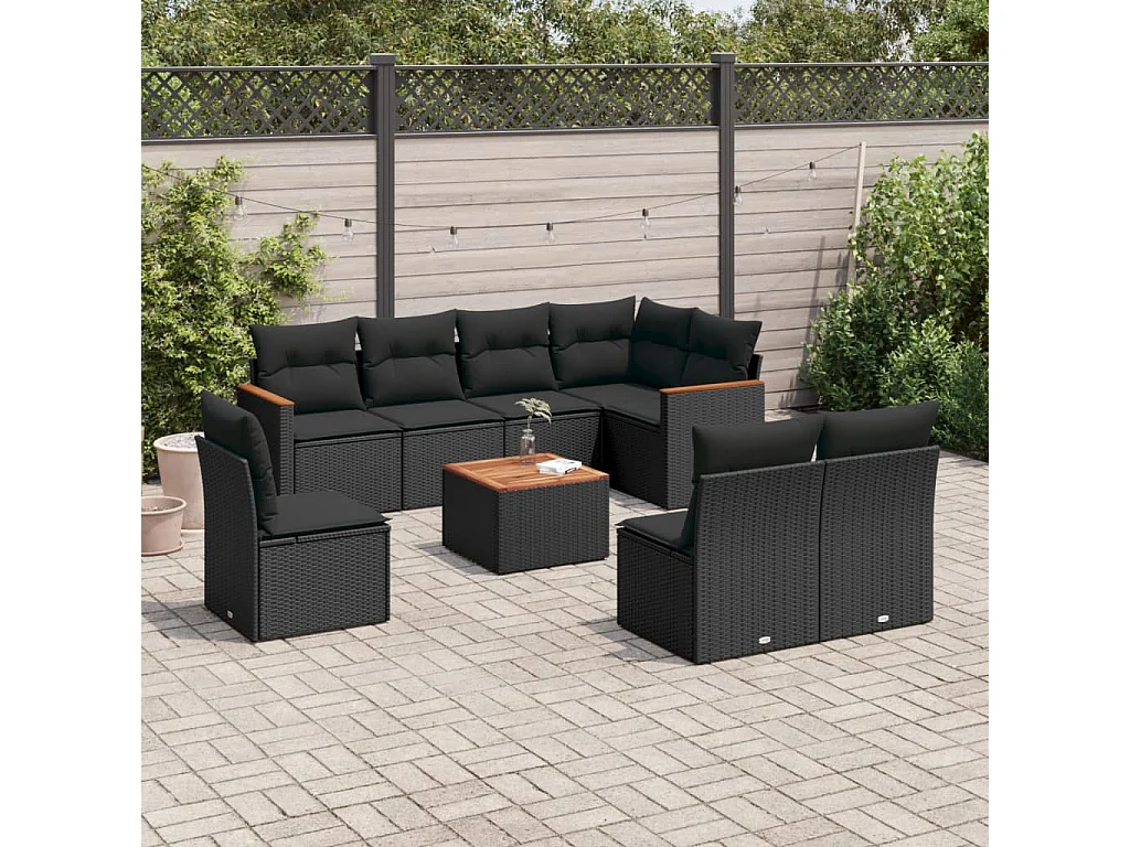 Set Divani da Giardino 9 pz con Cuscini Nero in Polyrattan