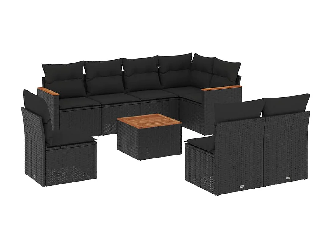 Set Divani da Giardino 9 pz con Cuscini Nero in Polyrattan