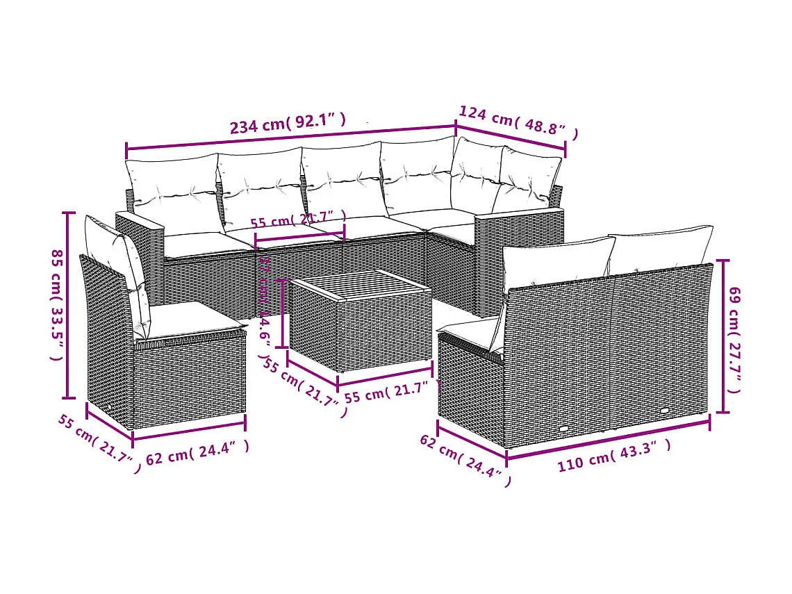Set Divani da Giardino 9 pz con Cuscini Nero in Polyrattan