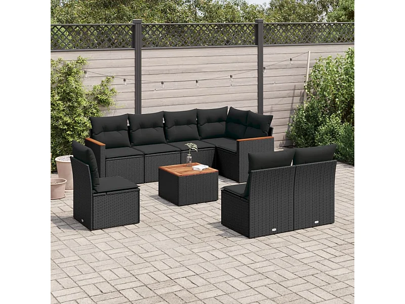 Salon de jardin 9 pcs avec coussins noir résine tressée