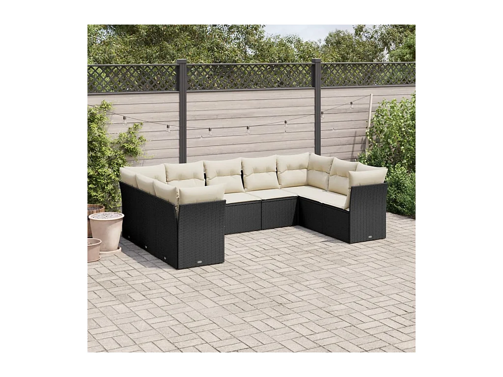 Salon de jardin 9 pcs avec coussins noir résine tressée