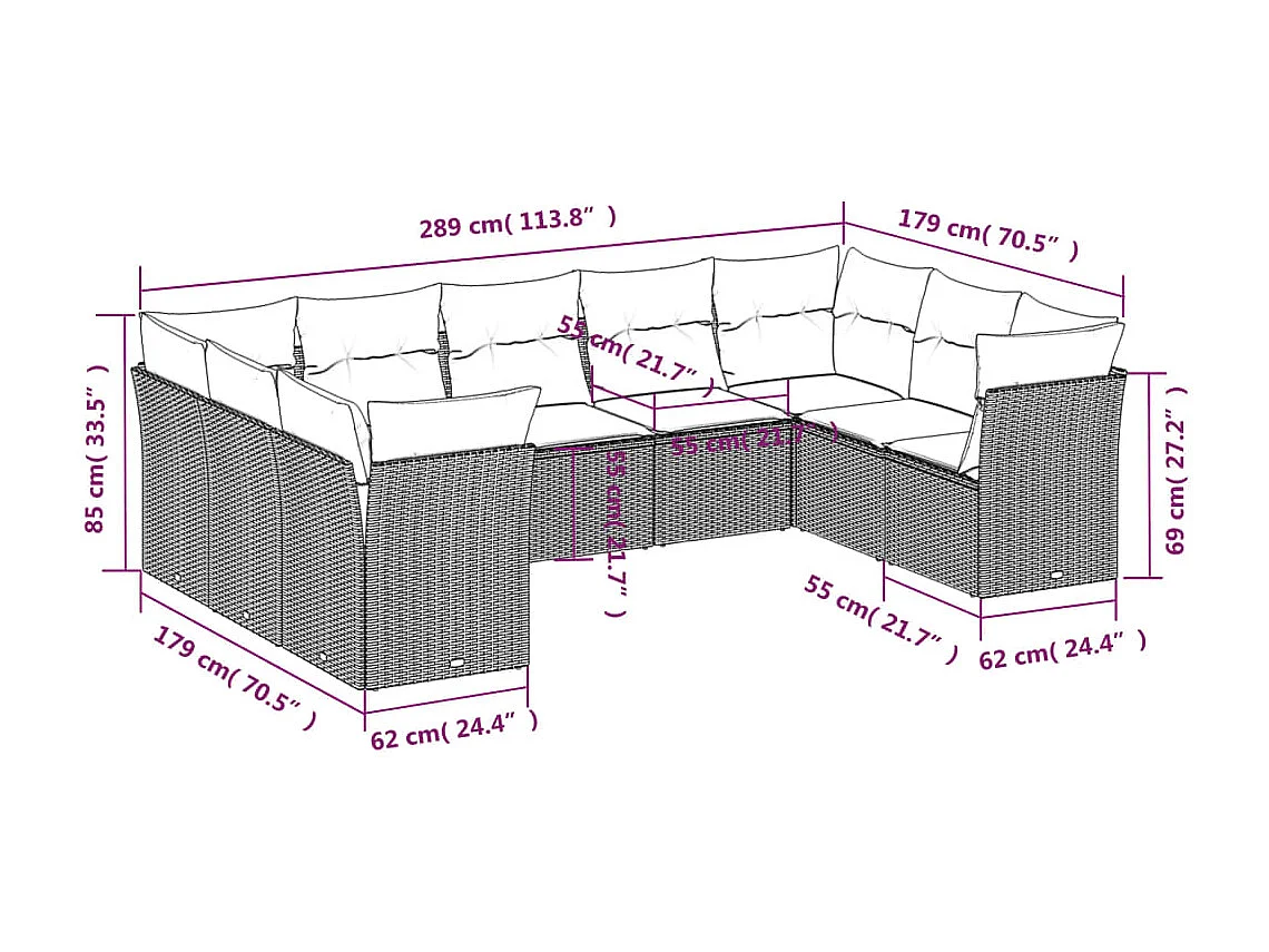 Set Divani da Giardino 9 pz con Cuscini Nero in Polyrattan