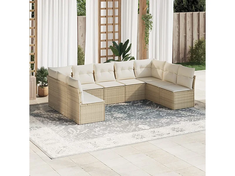 Set Divano da Giardino 9 pz con Cuscini Beige in Polyrattan