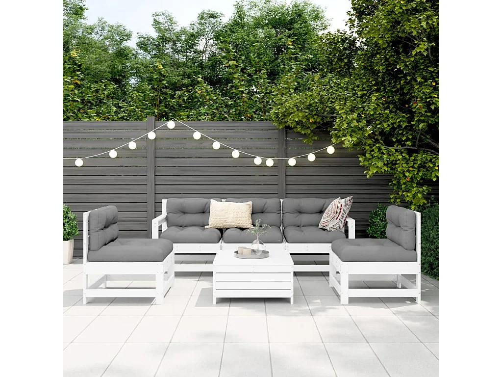 Salon de jardin 6 pcs blanc bois de pin massif